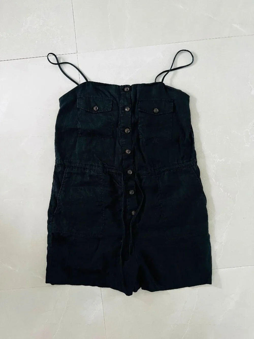 Mango Black Linen Blend Button-Front Romper (Size 6)